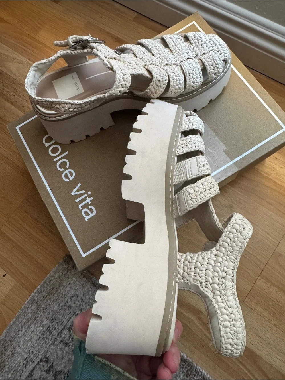 Dolce Vita Lasley raffia lattice Platform Sandals in the bone color